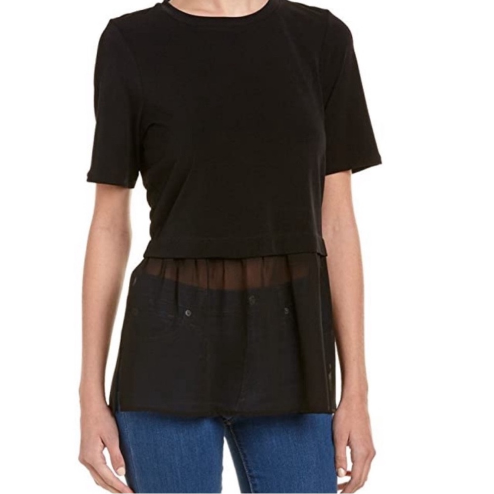BCBGeneration Short Sleeved Black Blouse with Chiffon Underlay, Size XS